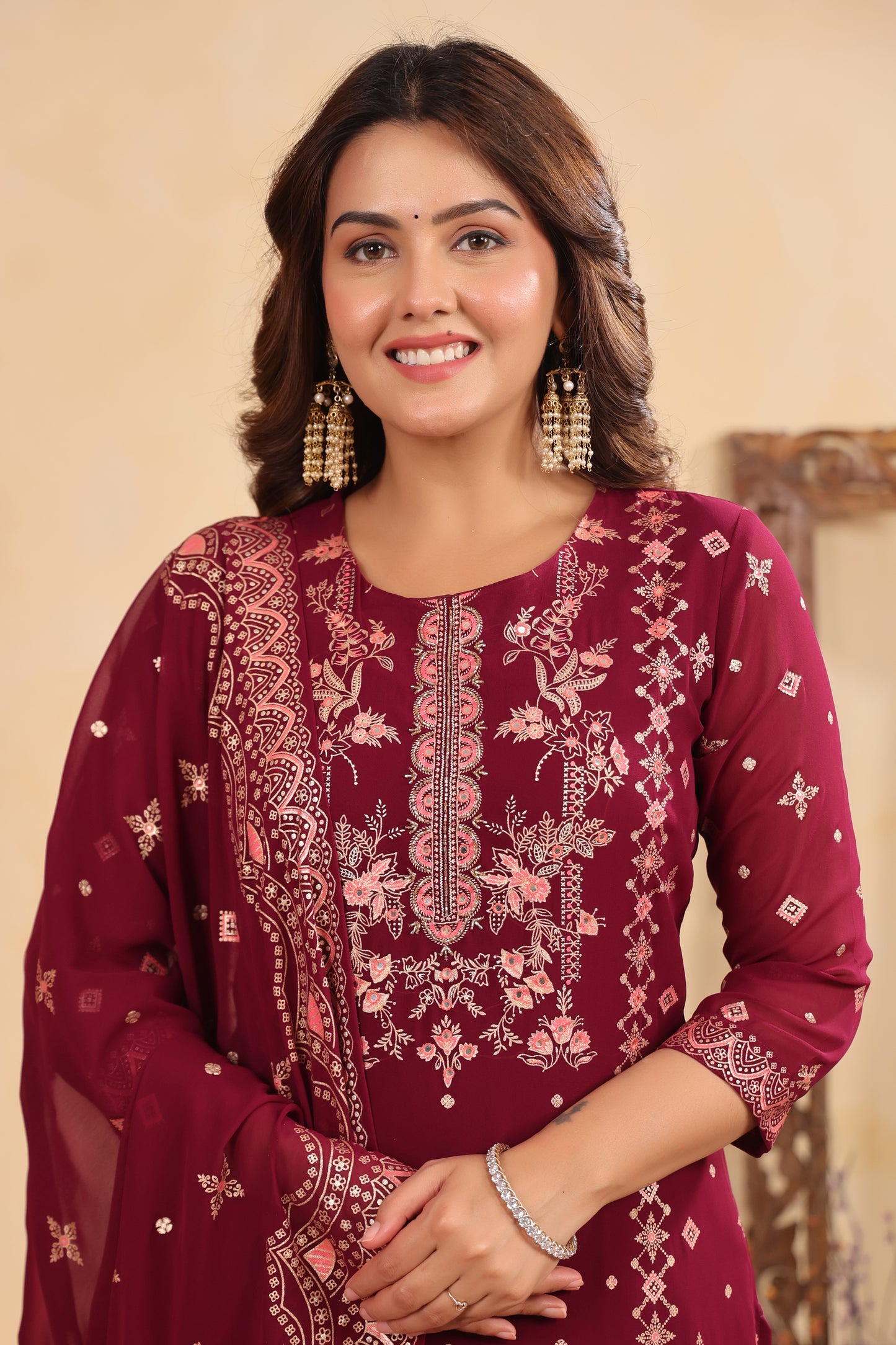 Plum Georgette Handwork 3-Pcs Suit Set