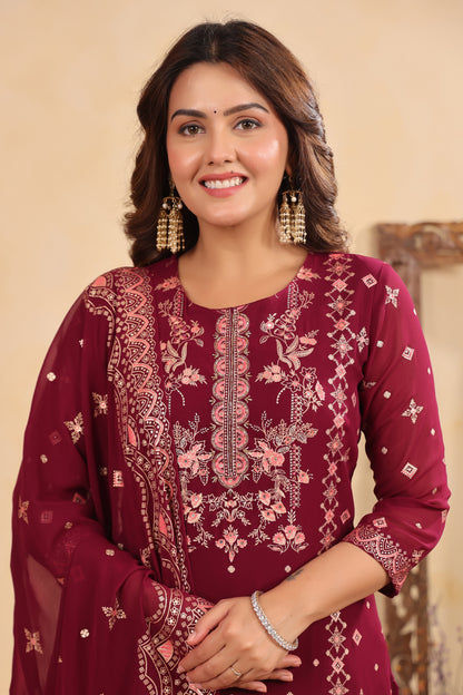 Plum Georgette Handwork 3-Pcs Suit Set