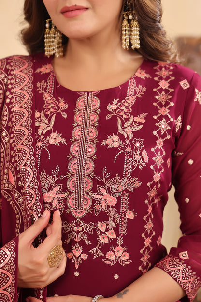 Plum Georgette Handwork 3-Pcs Suit Set