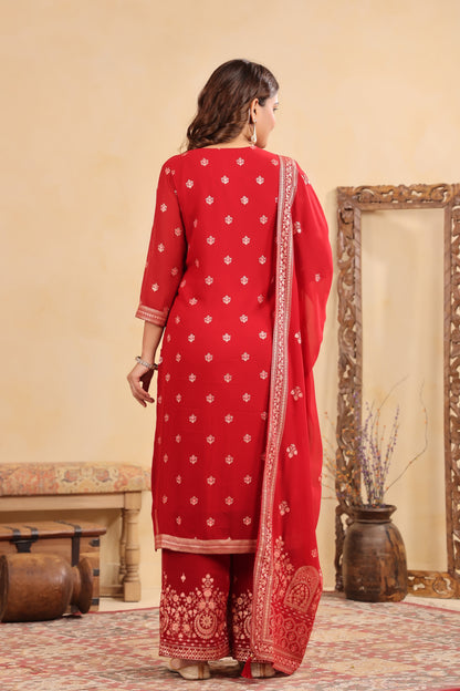 Maroon Red Georgette Handwork 3-Pcs Suit Set