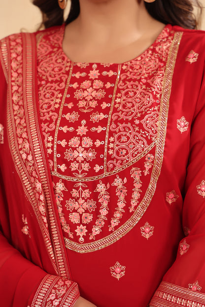 Maroon Red Georgette Handwork 3-Pcs Suit Set