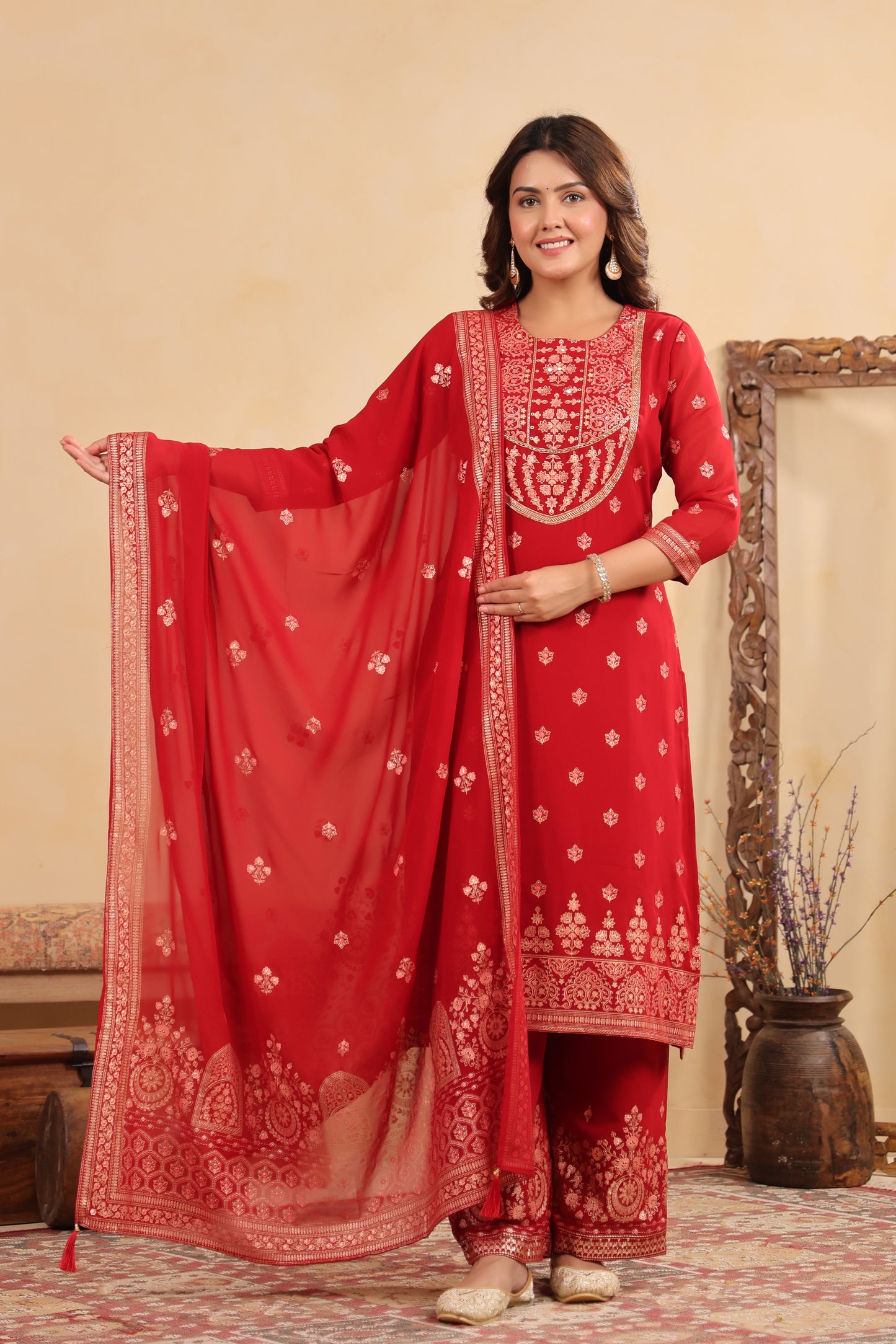 Maroon Red Georgette Handwork 3-Pcs Suit Set