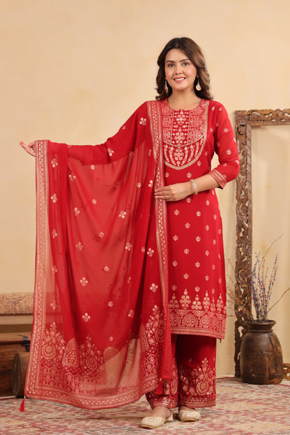 Maroon Red Georgette Handwork 3-Pcs Suit Set