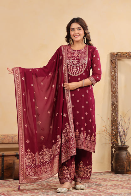 Plum Georgette Handwork 3-Pcs Suit Set