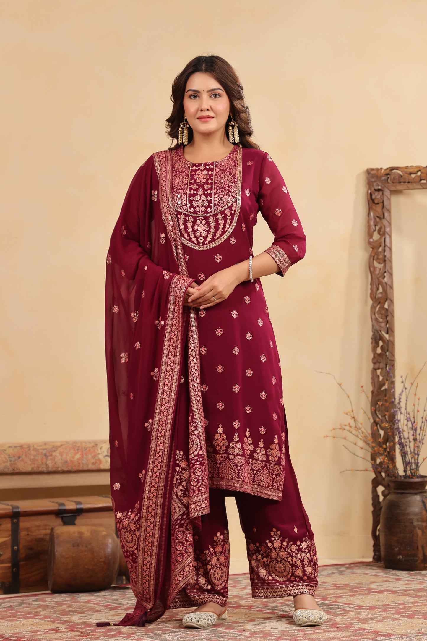 Plum Georgette Handwork 3-Pcs Suit Set