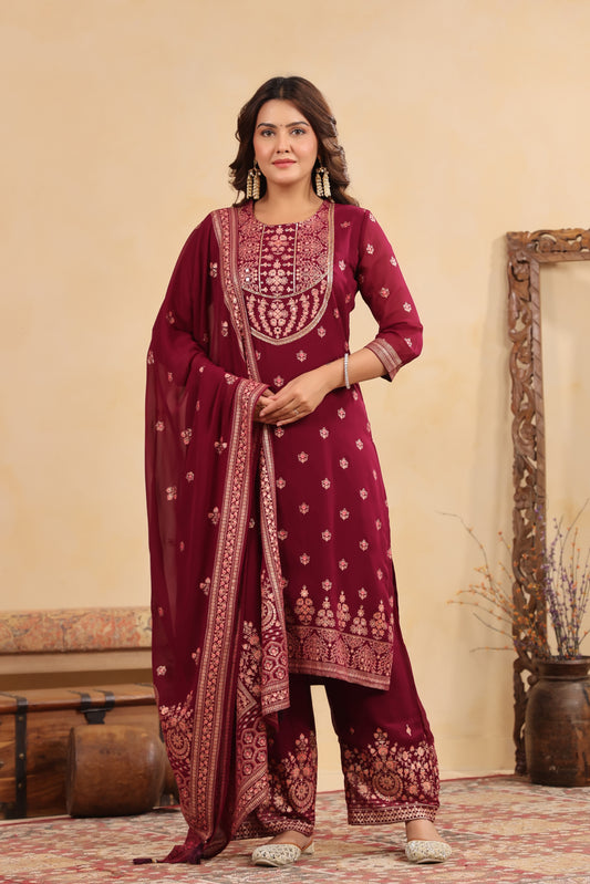 Plum Georgette Handwork 3-Pcs Suit Set