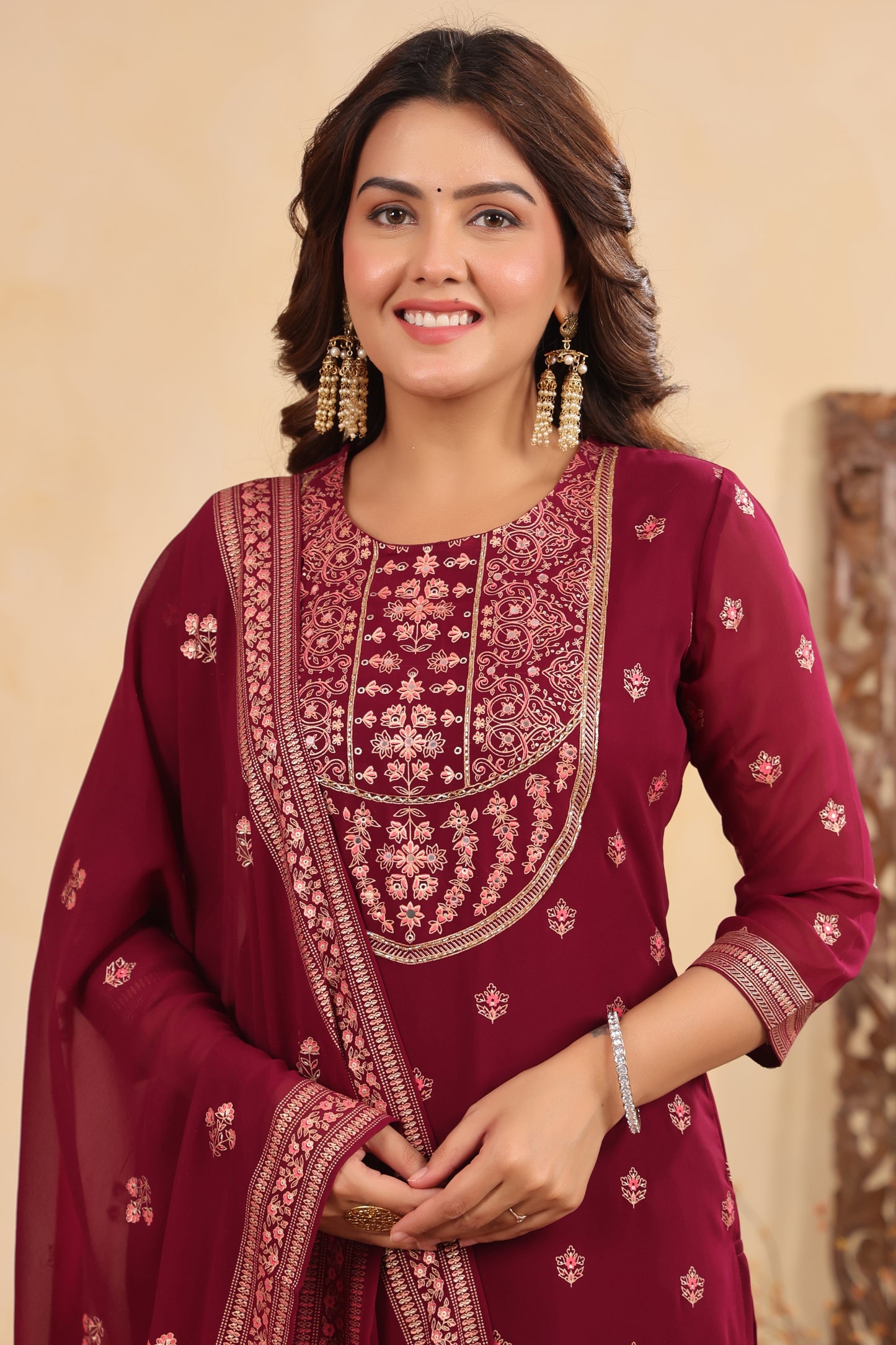 Plum Georgette Handwork 3-Pcs Suit Set