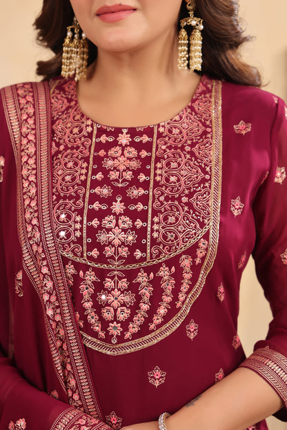 Plum Georgette Handwork 3-Pcs Suit Set