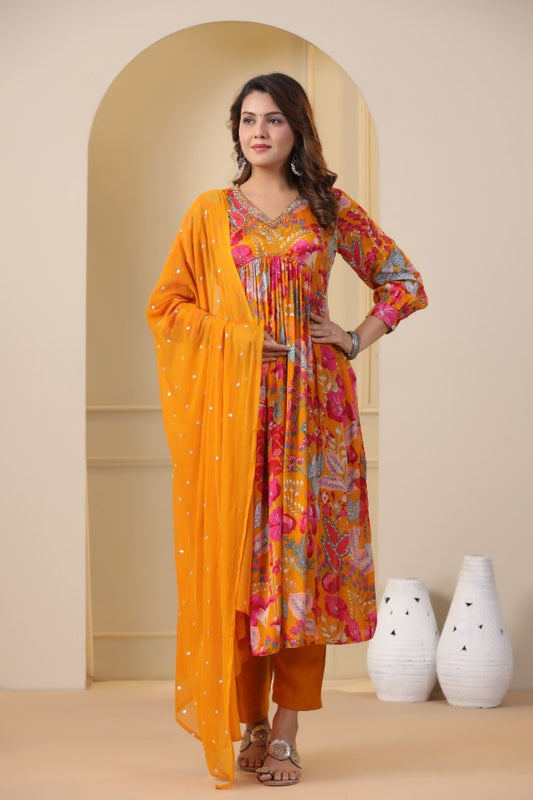 Yellow Floral Handworked Alia-Cut Kurta Suit Set