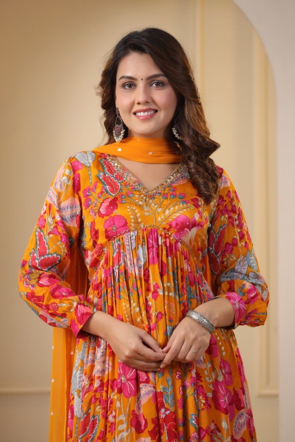 Yellow Floral Handworked Alia-Cut Kurta Suit Set