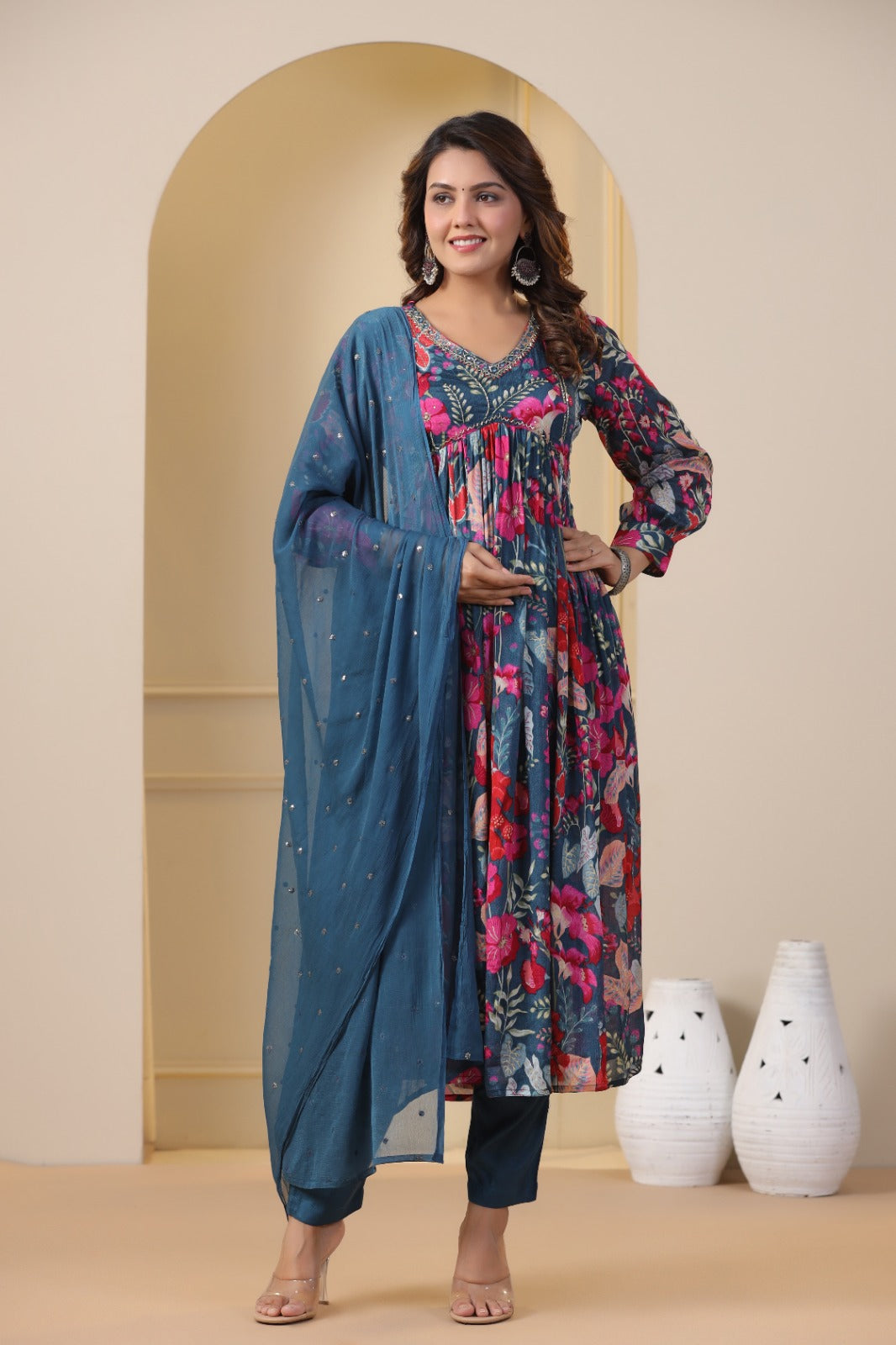 Blue Floral Handworked Alia-Cut Kurta Suit Set