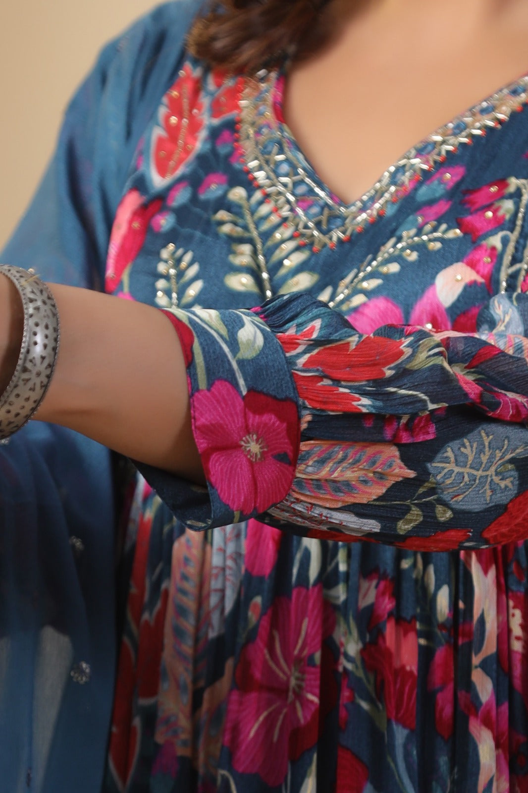 Blue Floral Handworked Alia-Cut Kurta Suit Set