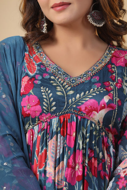 Blue Floral Handworked Alia-Cut Kurta Suit Set