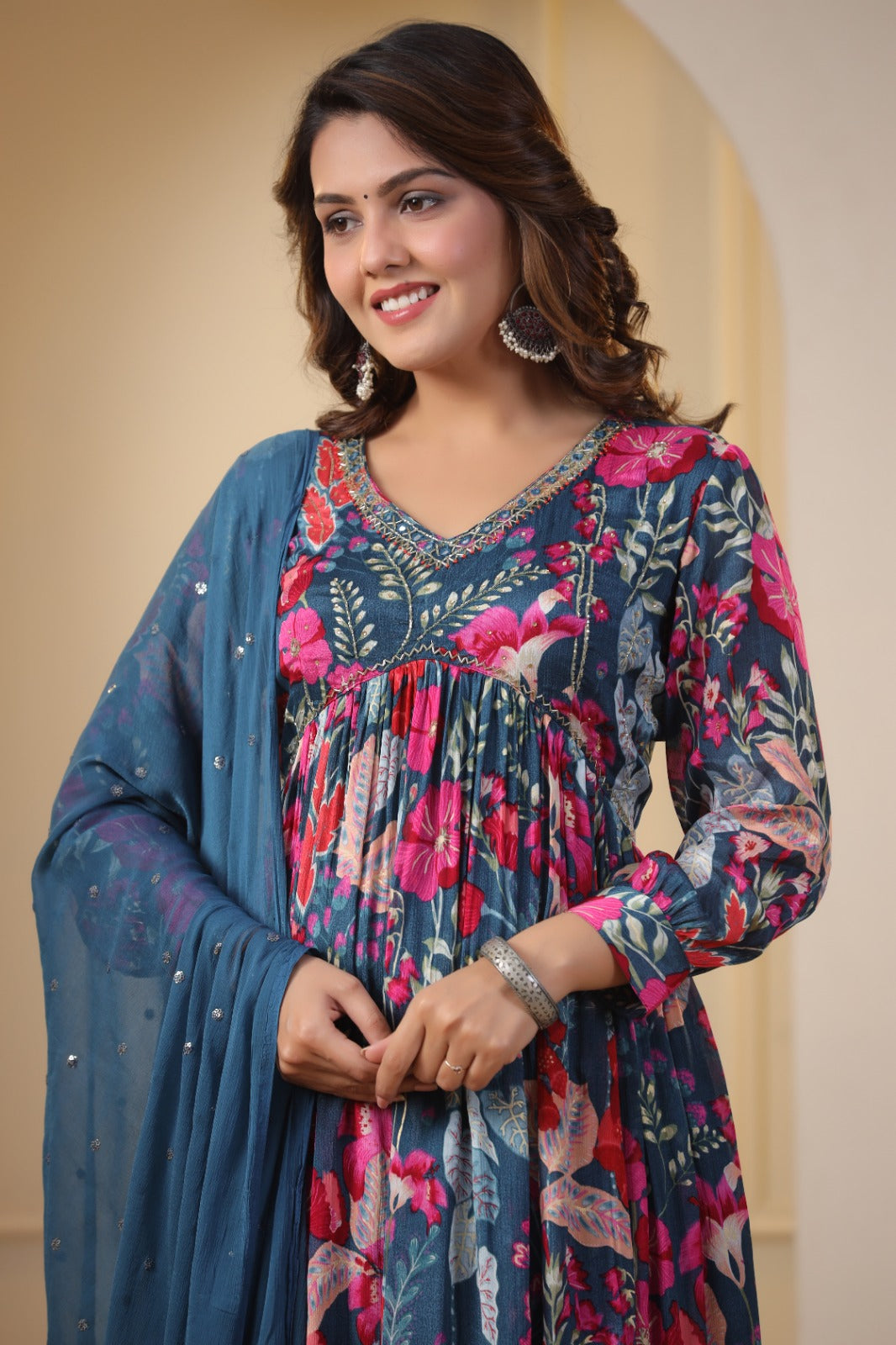 Blue Floral Handworked Alia-Cut Kurta Suit Set