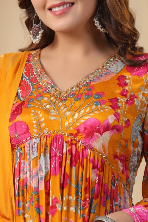 Yellow Floral Handworked Alia-Cut Kurta Suit Set