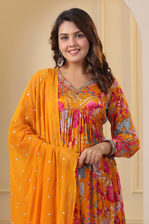 Yellow Floral Handworked Alia-Cut Kurta Suit Set