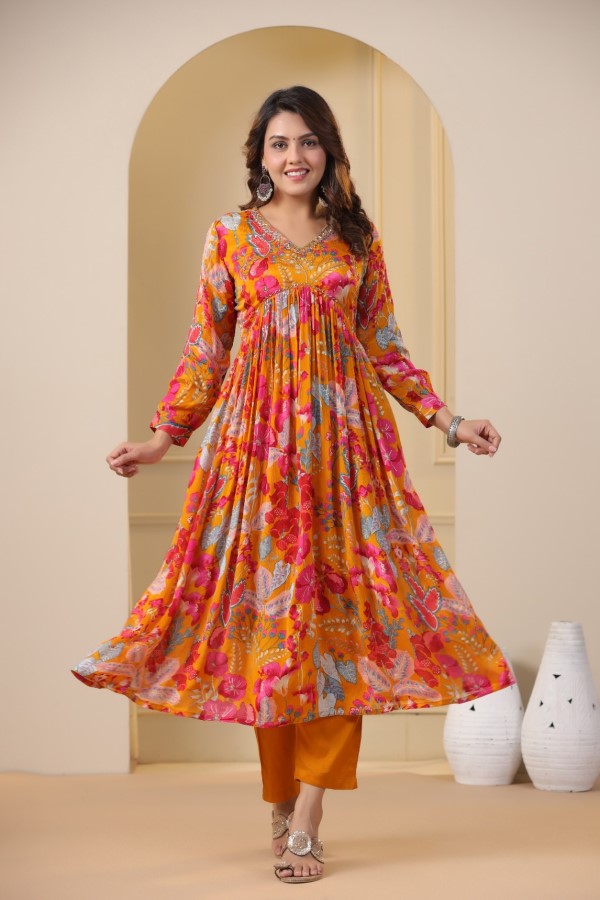 Yellow Floral Handworked Alia-Cut Kurta Suit Set