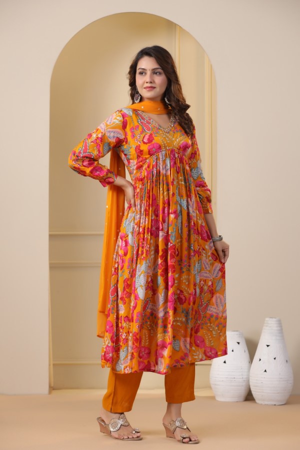 Yellow Floral Handworked Alia-Cut Kurta Suit Set
