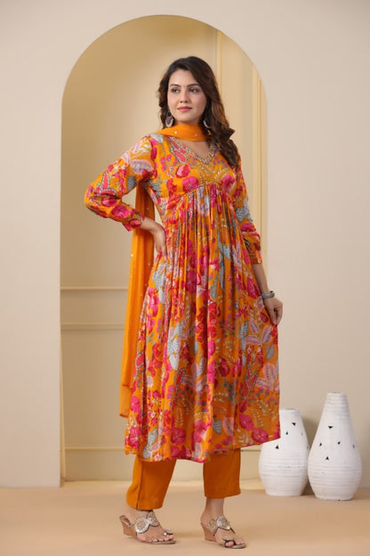 Yellow Floral Handworked Alia-Cut Kurta Suit Set