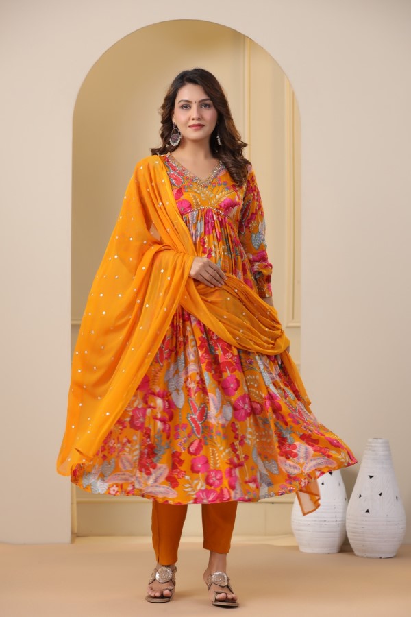 Yellow Floral Handworked Alia-Cut Kurta Suit Set
