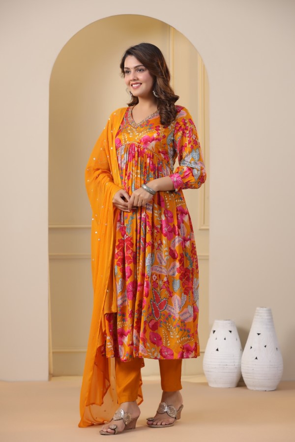 Yellow Floral Handworked Alia-Cut Kurta Suit Set
