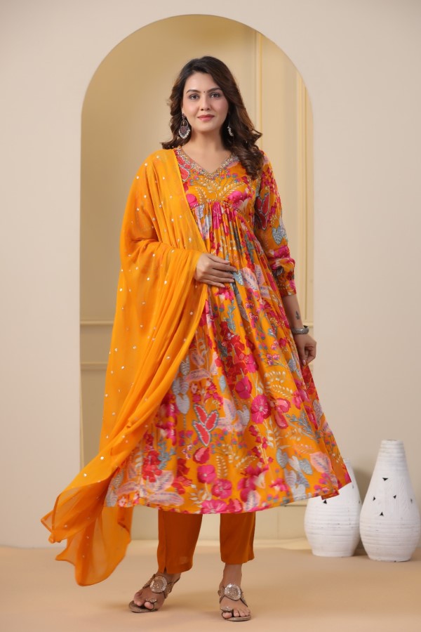 Yellow Floral Handworked Alia-Cut Kurta Suit Set