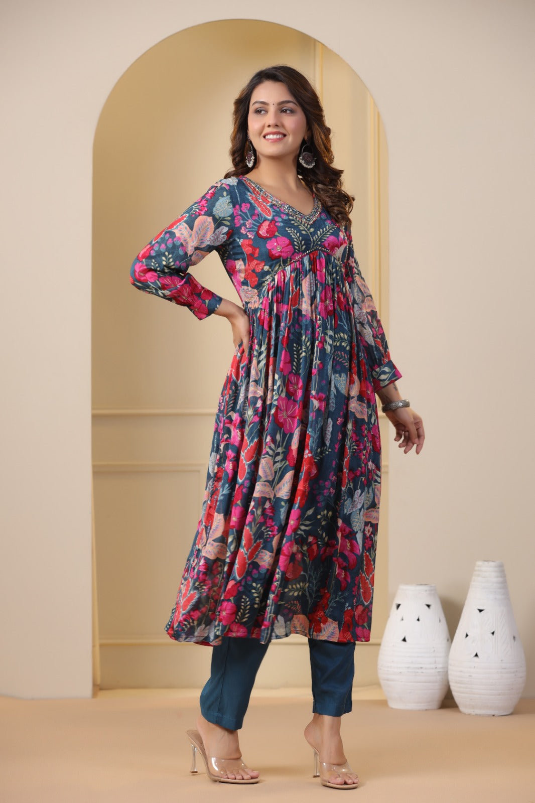 Blue Floral Handworked Alia-Cut Kurta Suit Set