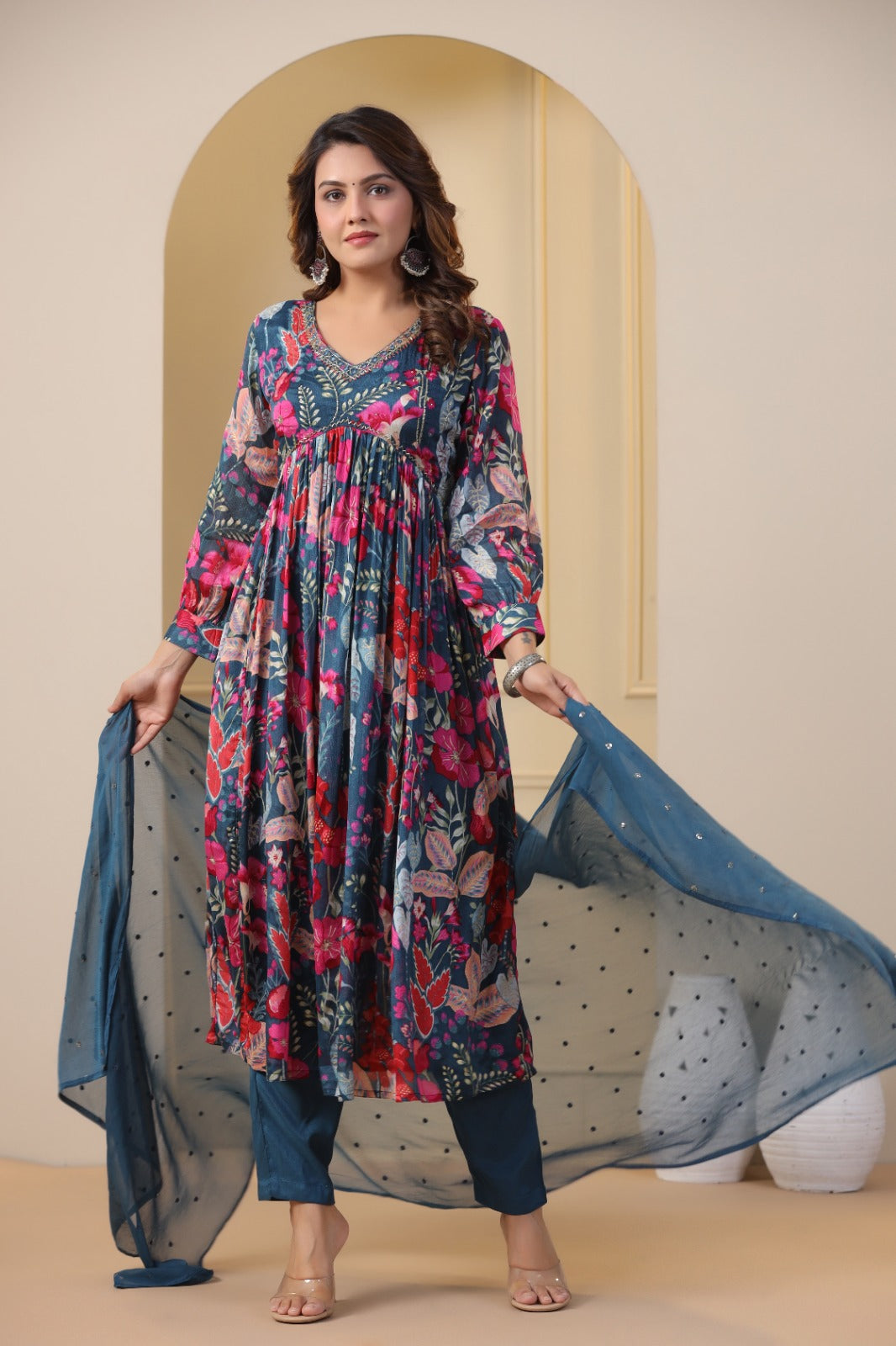 Blue Floral Handworked Alia-Cut Kurta Suit Set