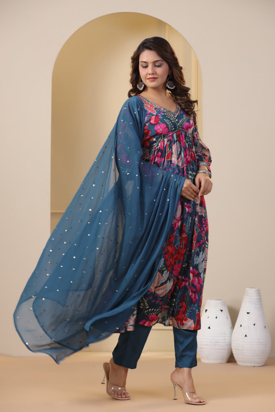 Blue Floral Handworked Alia-Cut Kurta Suit Set