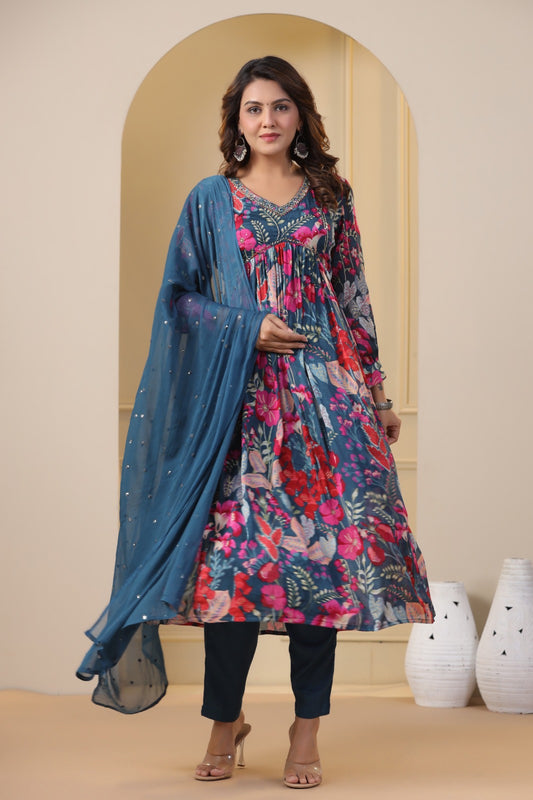 Blue Floral Handworked Alia-Cut Kurta Suit Set