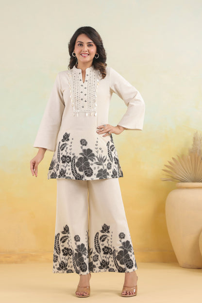 White Black Handwork Schiffli Co-ord Set