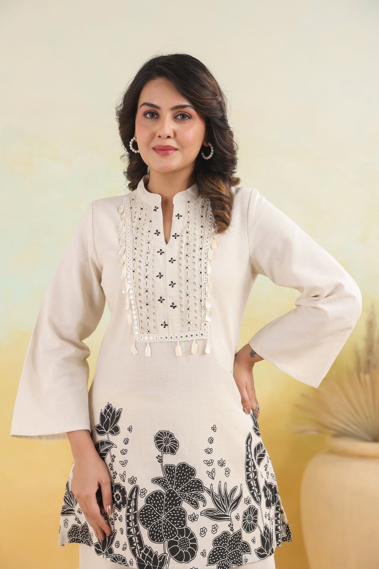 White Black Handwork Schiffli Co-ord Set