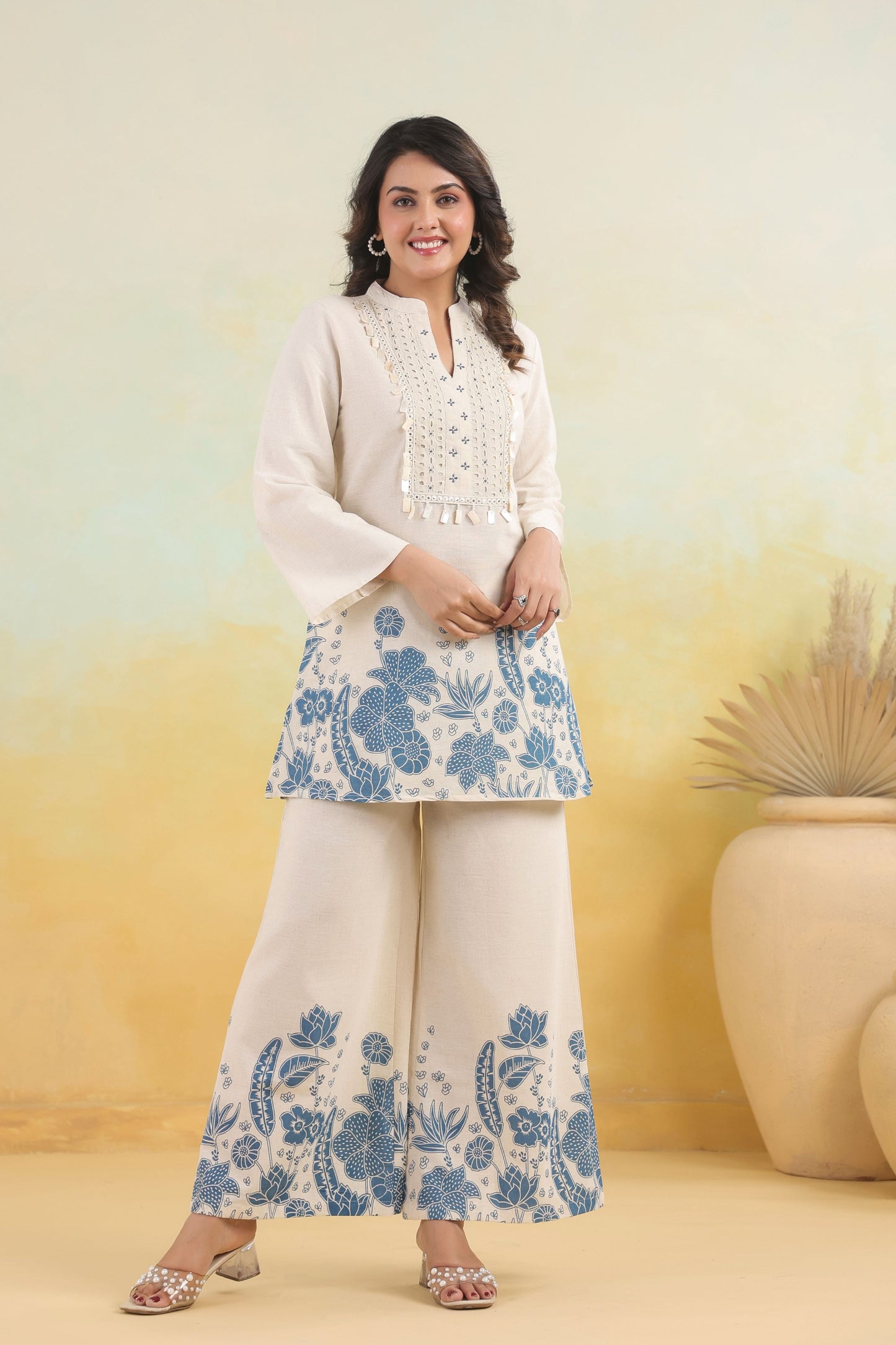 White Blue Handwork Schiffli Co-ord Set