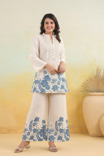 White Blue Handwork Schiffli Co-ord Set