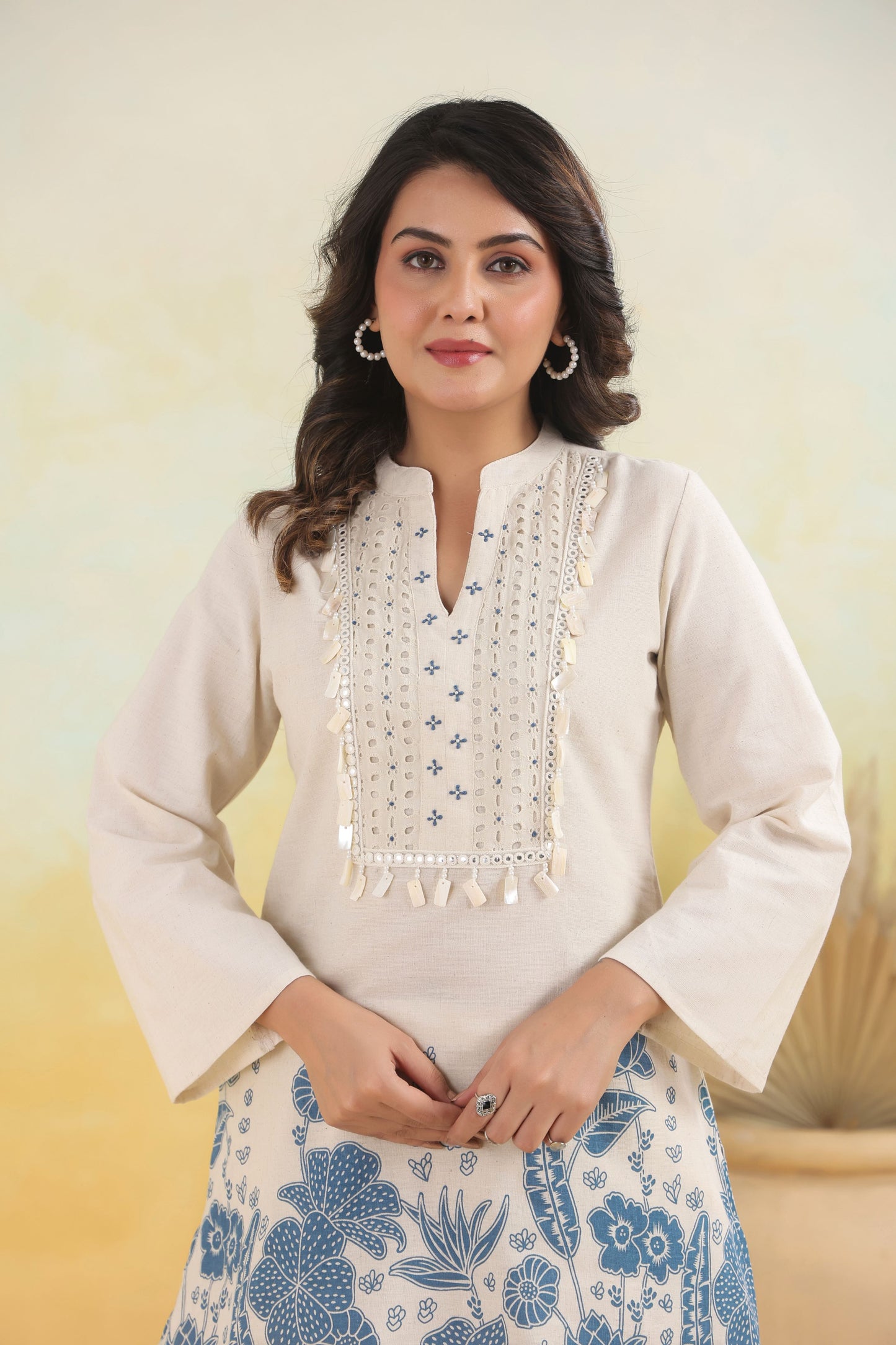 White Blue Handwork Schiffli Co-ord Set