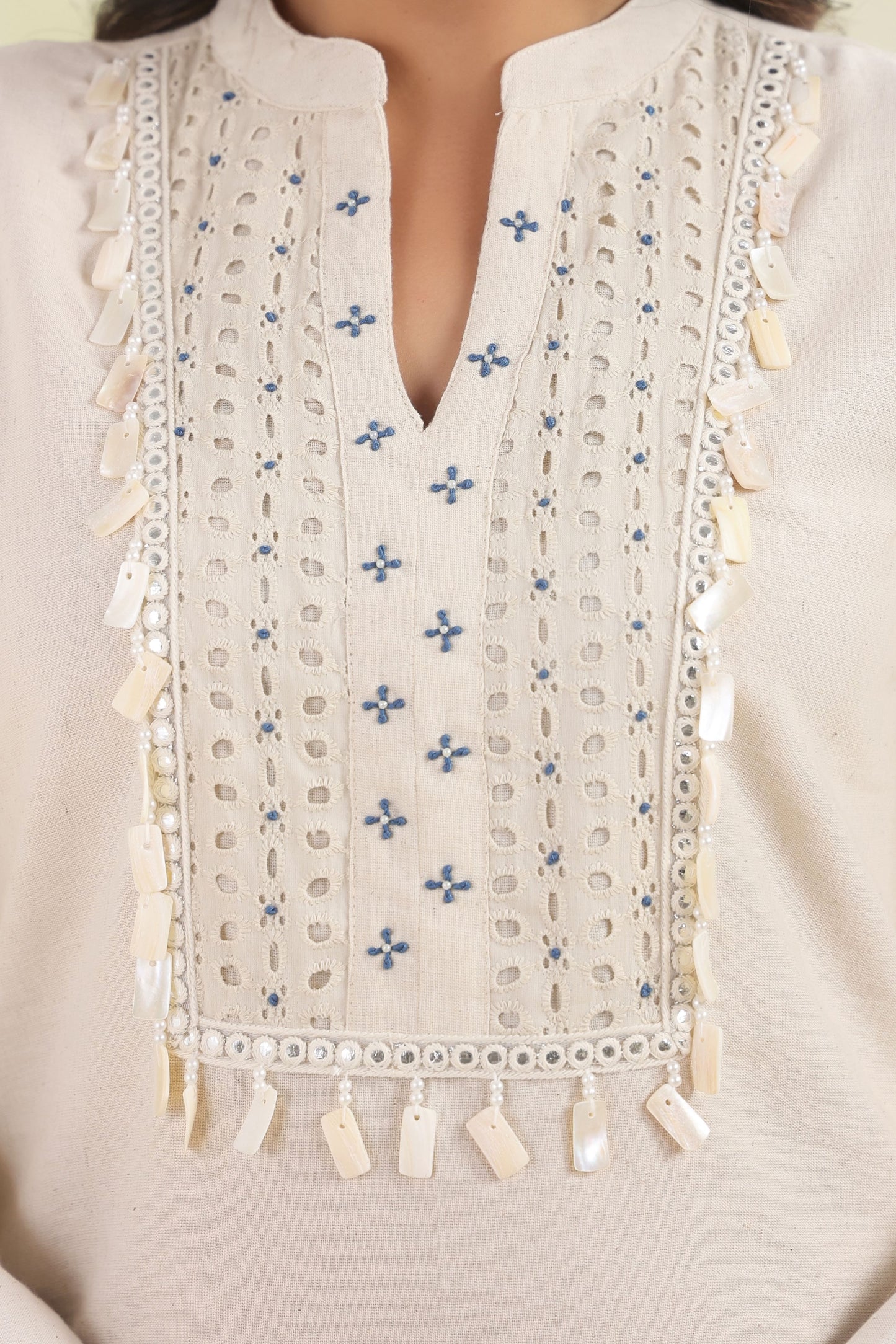 White Blue Handwork Schiffli Co-ord Set