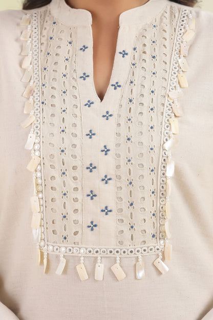 White Blue Handwork Schiffli Co-ord Set