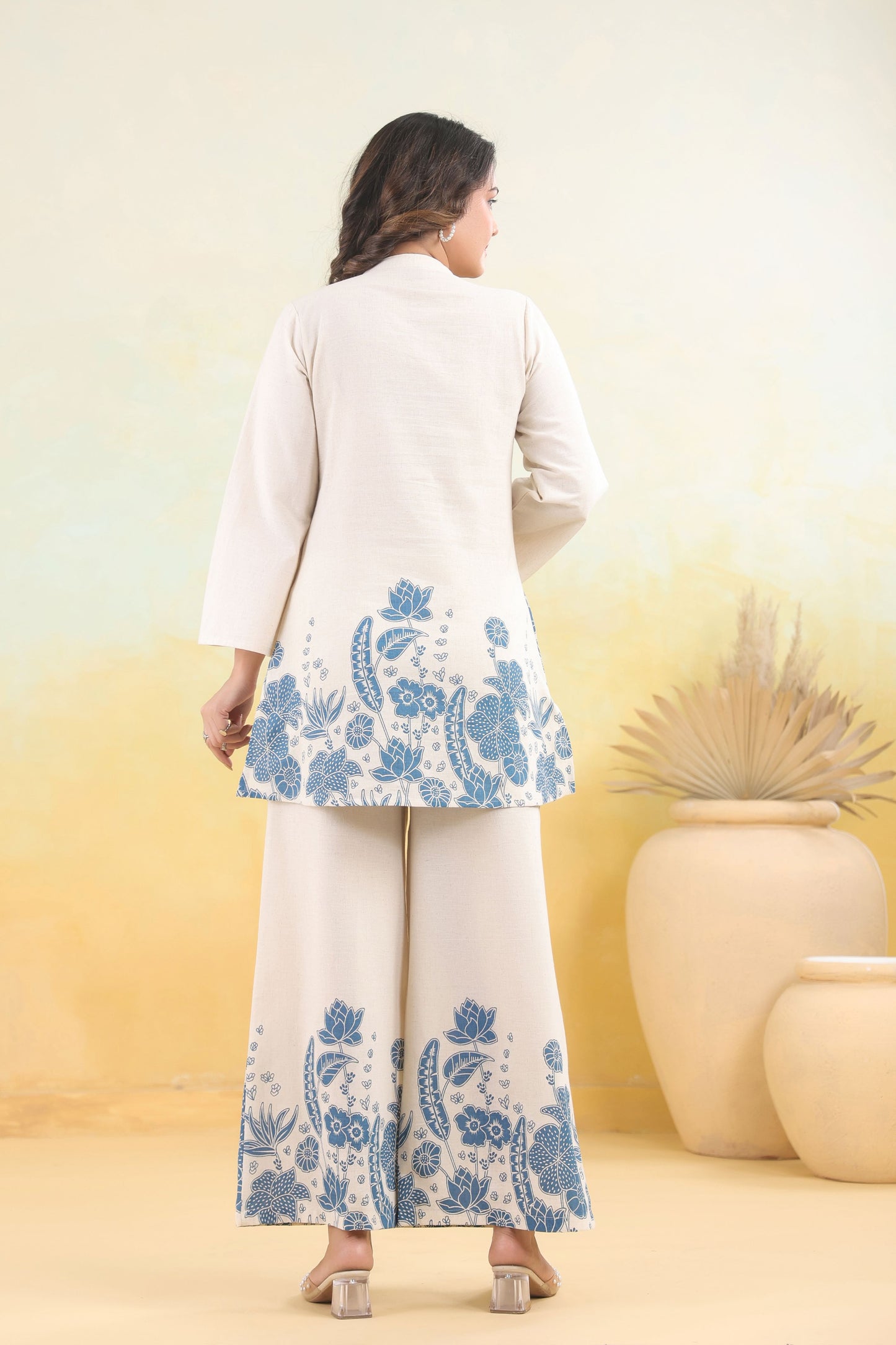 White Blue Handwork Schiffli Co-ord Set
