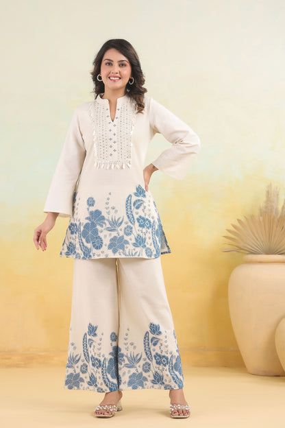 White Blue Handwork Schiffli Co-ord Set