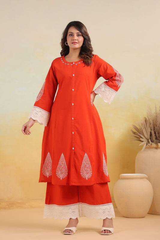 Rust Orange Embroidered Co-ord Set