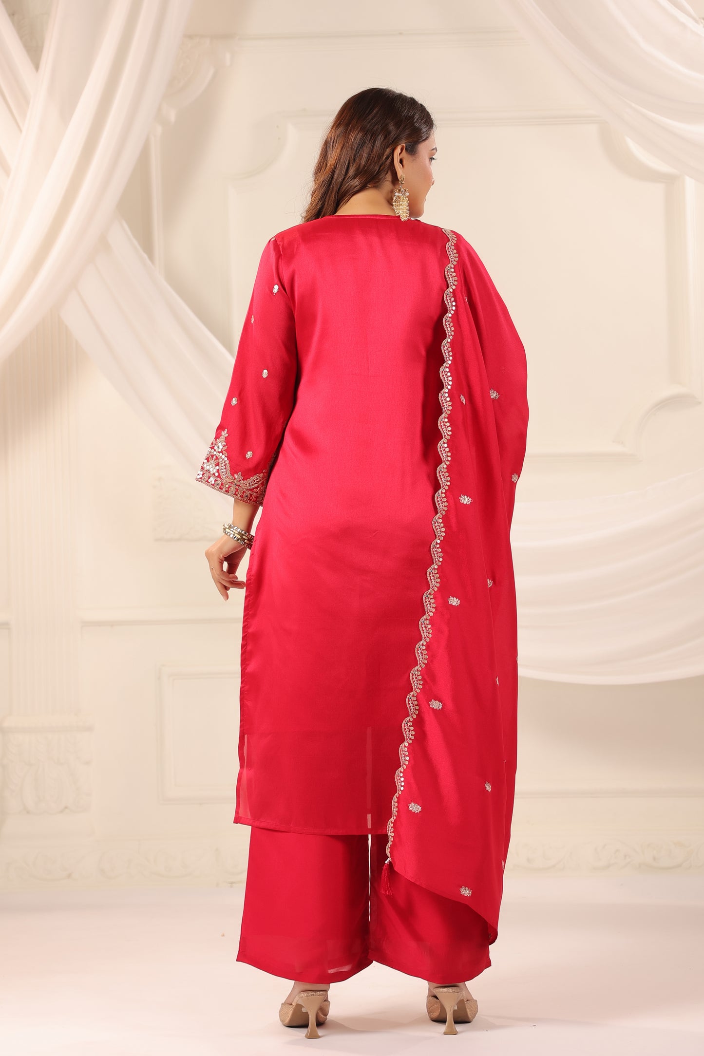 Persian Red Embroidered 3-Pcs Suit Set