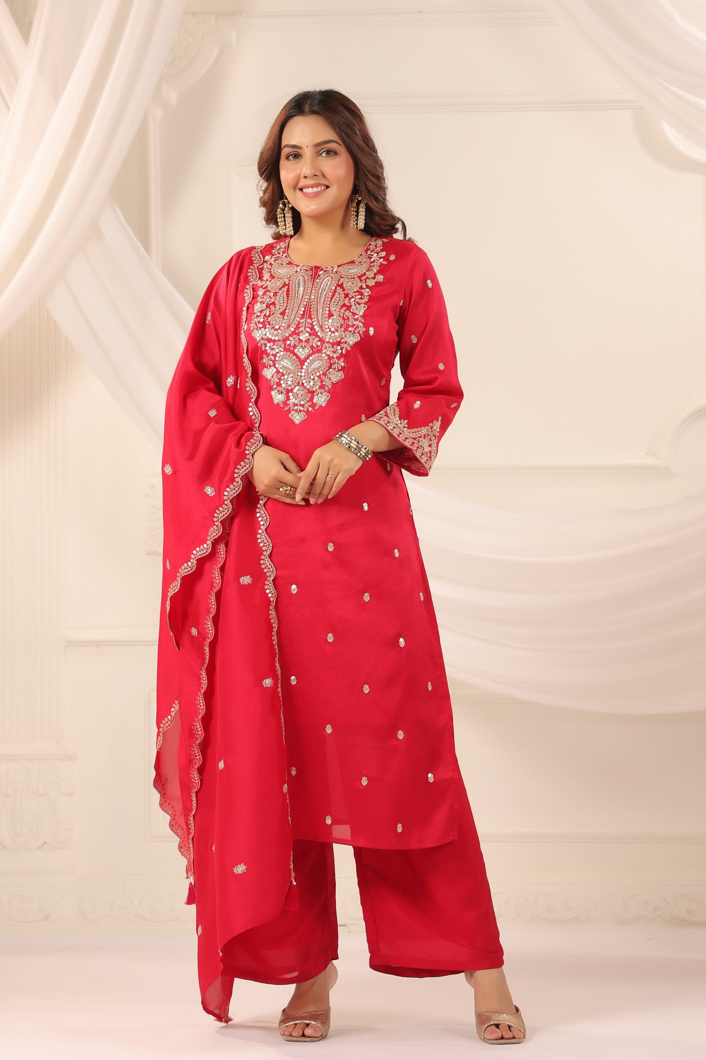 Persian Red Embroidered 3-Pcs Suit Set