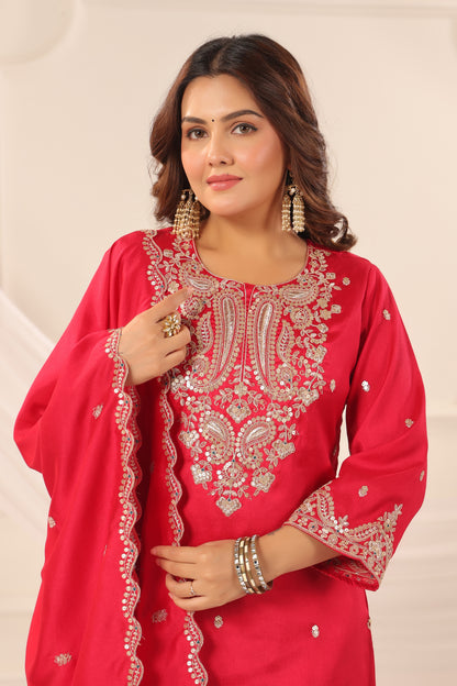 Persian Red Embroidered 3-Pcs Suit Set
