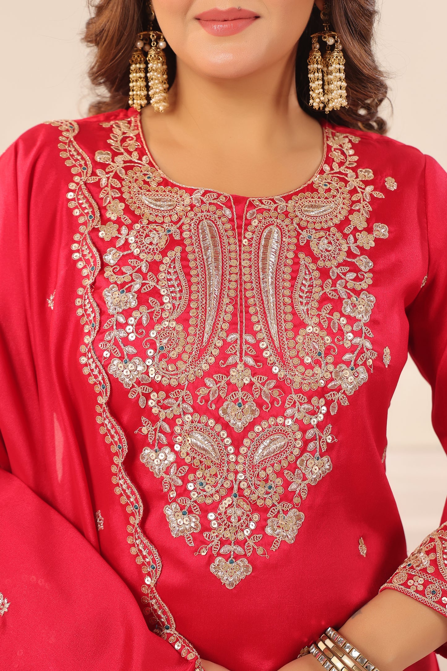 Persian Red Embroidered 3-Pcs Suit Set