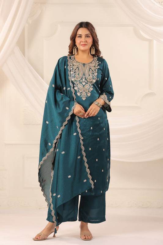 Royal Blue Embroidered 3-Pcs Suit Set