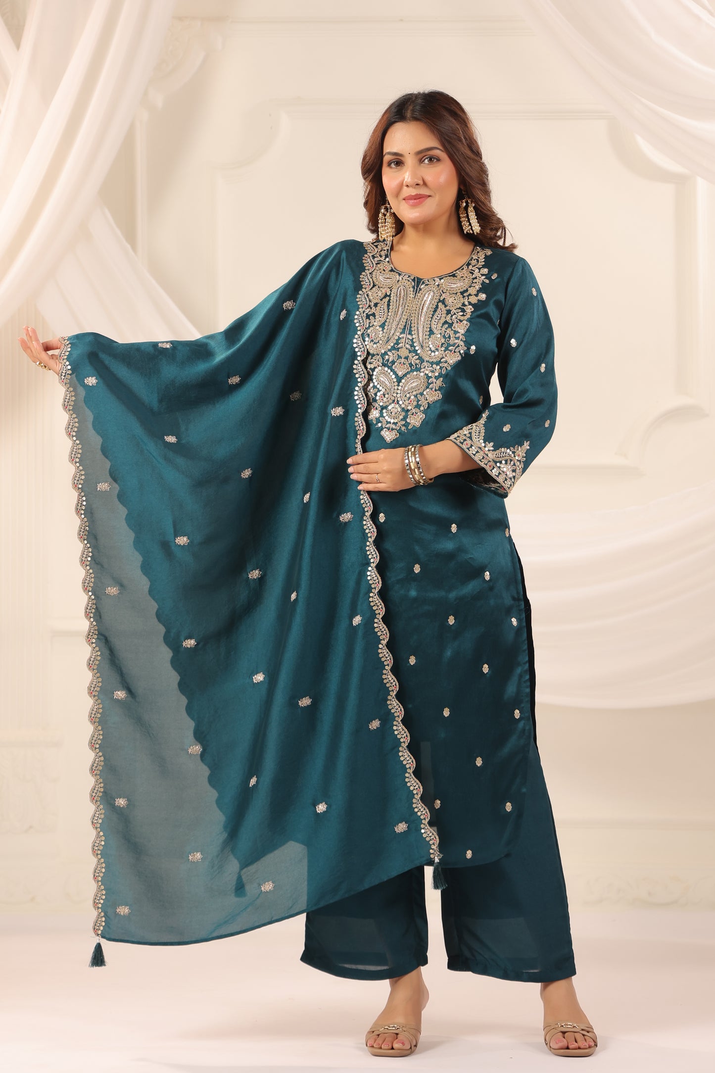 Royal Blue Embroidered 3-Pcs Suit Set