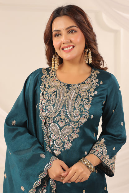 Royal Blue Embroidered 3-Pcs Suit Set