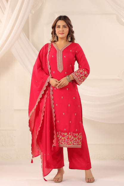 Persian Red Floral Embroidered 3-Pcs Suit Set
