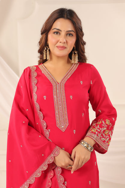 Persian Red Floral Embroidered 3-Pcs Suit Set