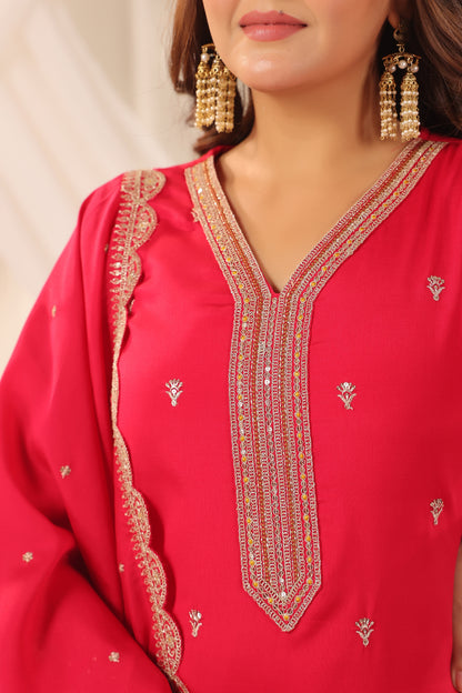 Persian Red Floral Embroidered 3-Pcs Suit Set